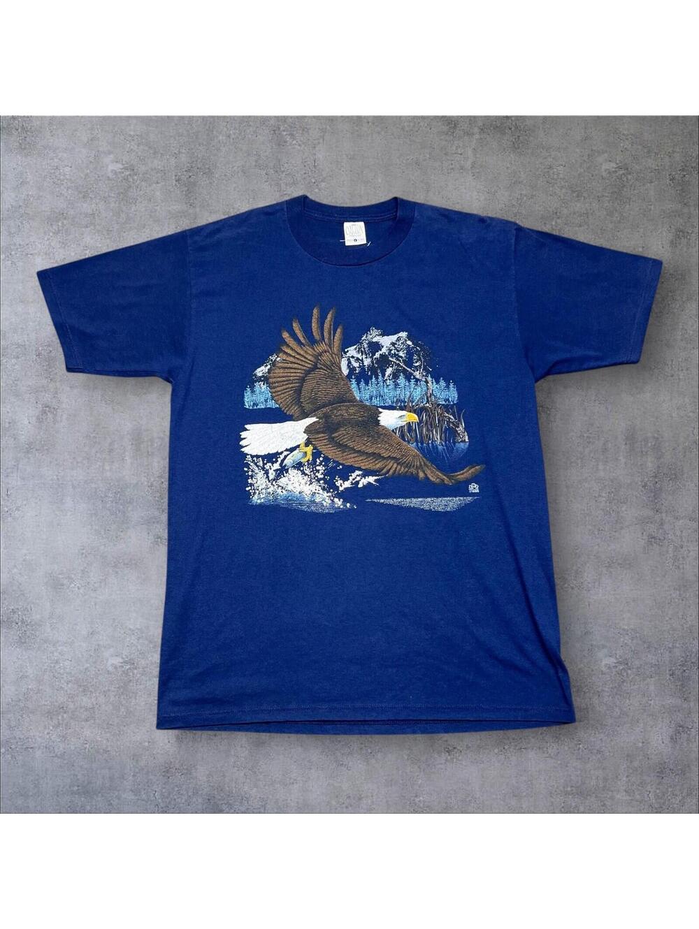 Vintage 90S Nature Bald Eagle Animal Force Navy Blue Men’s Tee Large